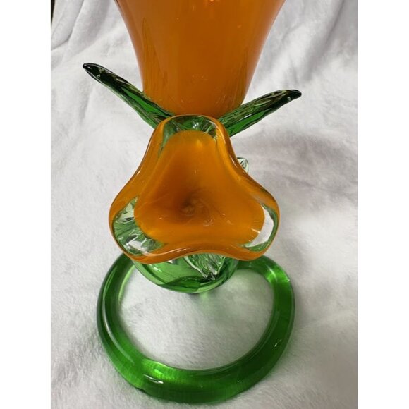 Handcrafted Orange & Green Art Glass Lily Flower Figurine Candle Holder - Picture 10 of 11